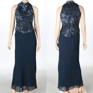 J Kara JKara Vintage Navy Blue Floral Mock Neck Sleeveless Blouson Maxi Gown 8